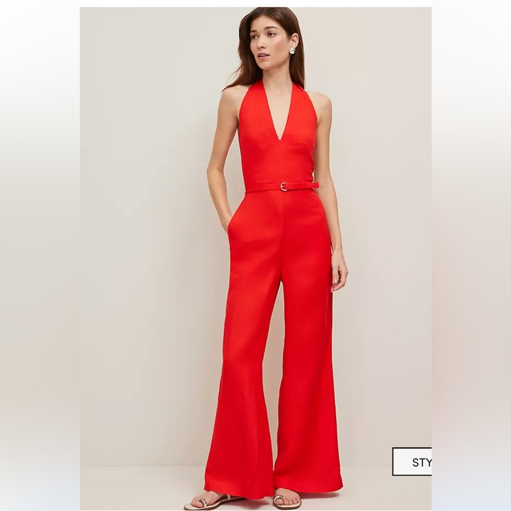 Ann Taylor Red Halter Wide-Leg Belted Jumpsuit